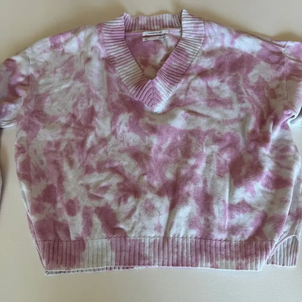 Anthropologie Pink White Tie Dye V Neck Sweater Size XS Cotton Long Sleeve